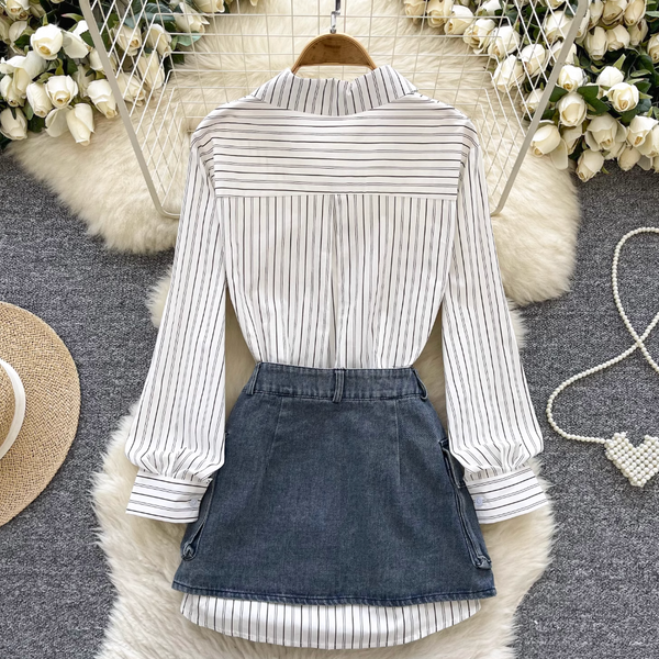 Striped Shirt Dress& Denim Skirt 2Pcs