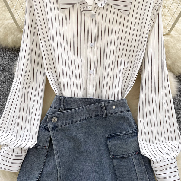 Striped Shirt Dress& Denim Skirt 2Pcs