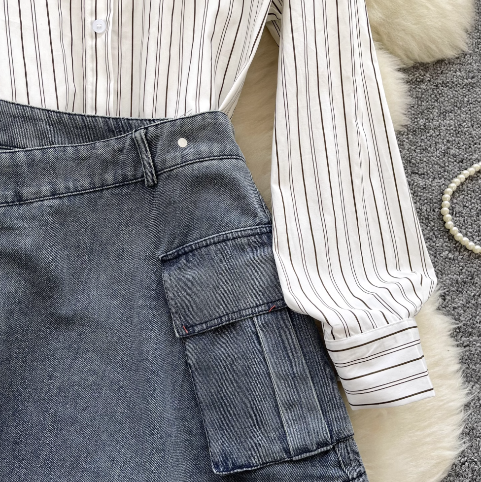 Striped Shirt Dress& Denim Skirt 2Pcs