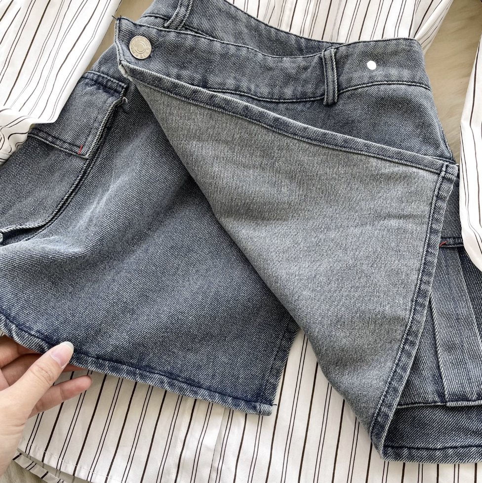 Striped Shirt Dress& Denim Skirt 2Pcs