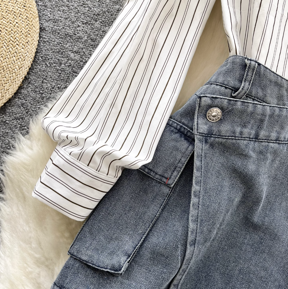 Striped Shirt Dress& Denim Skirt 2Pcs