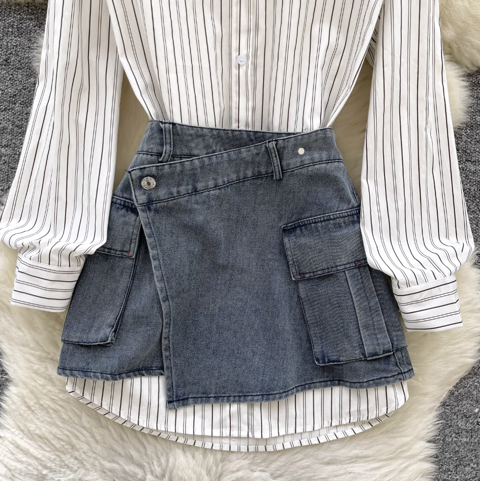 Striped Shirt Dress& Denim Skirt 2Pcs