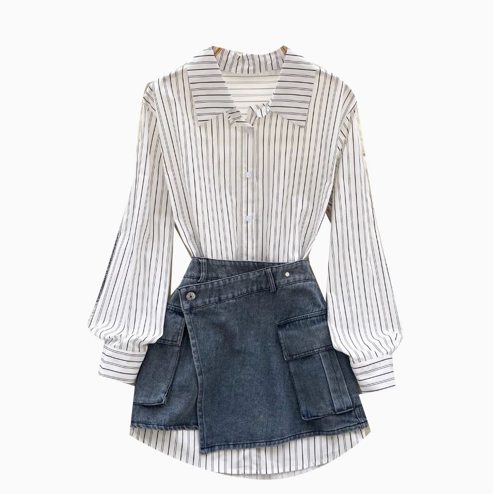 Striped Shirt Dress& Denim Skirt 2Pcs