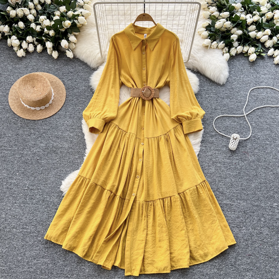 Vintage Ruffled Shirt Dress with Belt