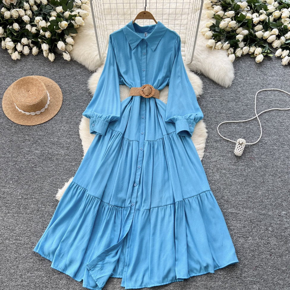 Vintage Ruffled Shirt Dress with Belt
