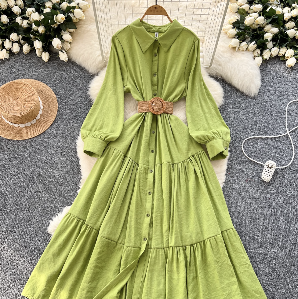 Vintage Ruffled Shirt Dress with Belt