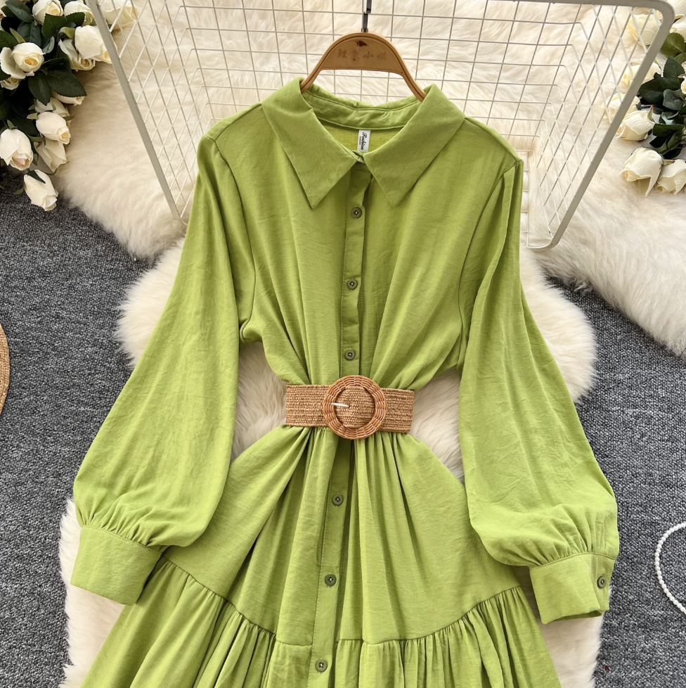 Vintage Ruffled Shirt Dress with Belt