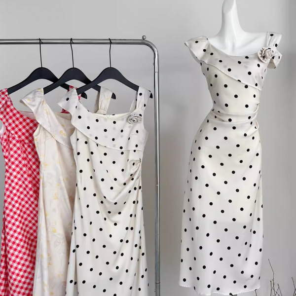 French Style Polka Dot Satin Slip Dress