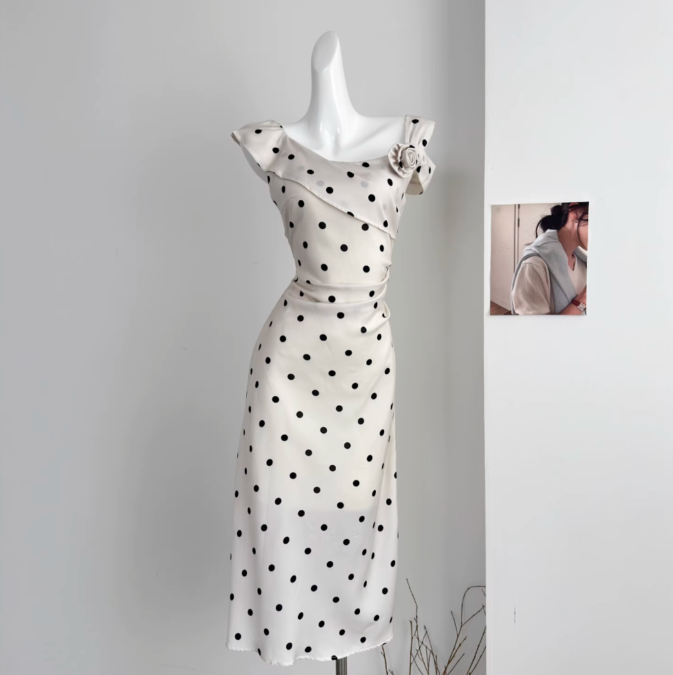 French Style Polka Dot Satin Slip Dress