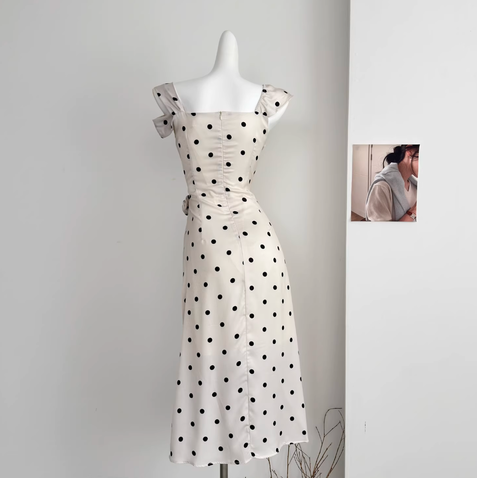 French Style Polka Dot Satin Slip Dress