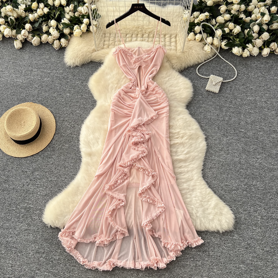 Hollowed Pink Fishtail Slip Dress