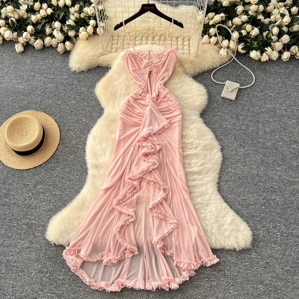 Hollowed Pink Fishtail Slip Dress