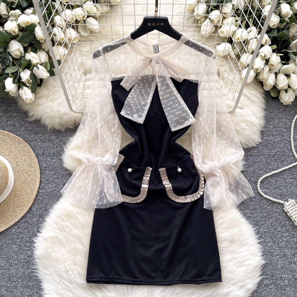See-through Mesh Polka Dot Black Dress