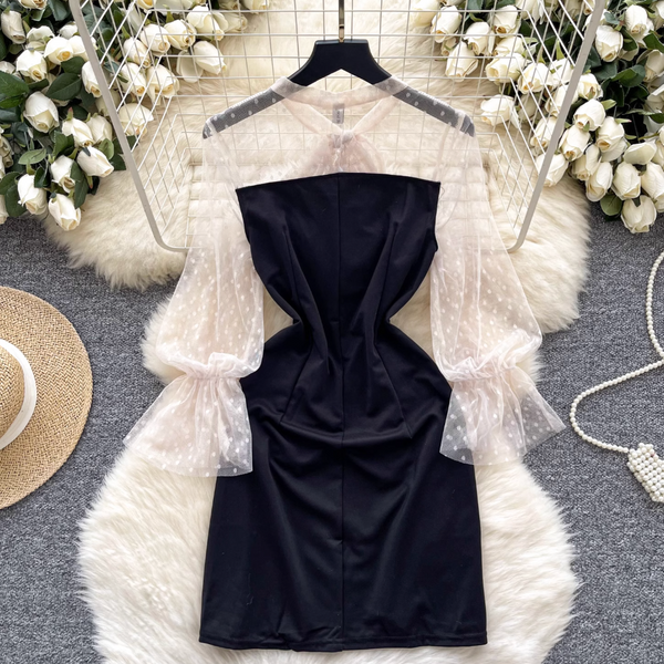 See-through Mesh Polka Dot Black Dress