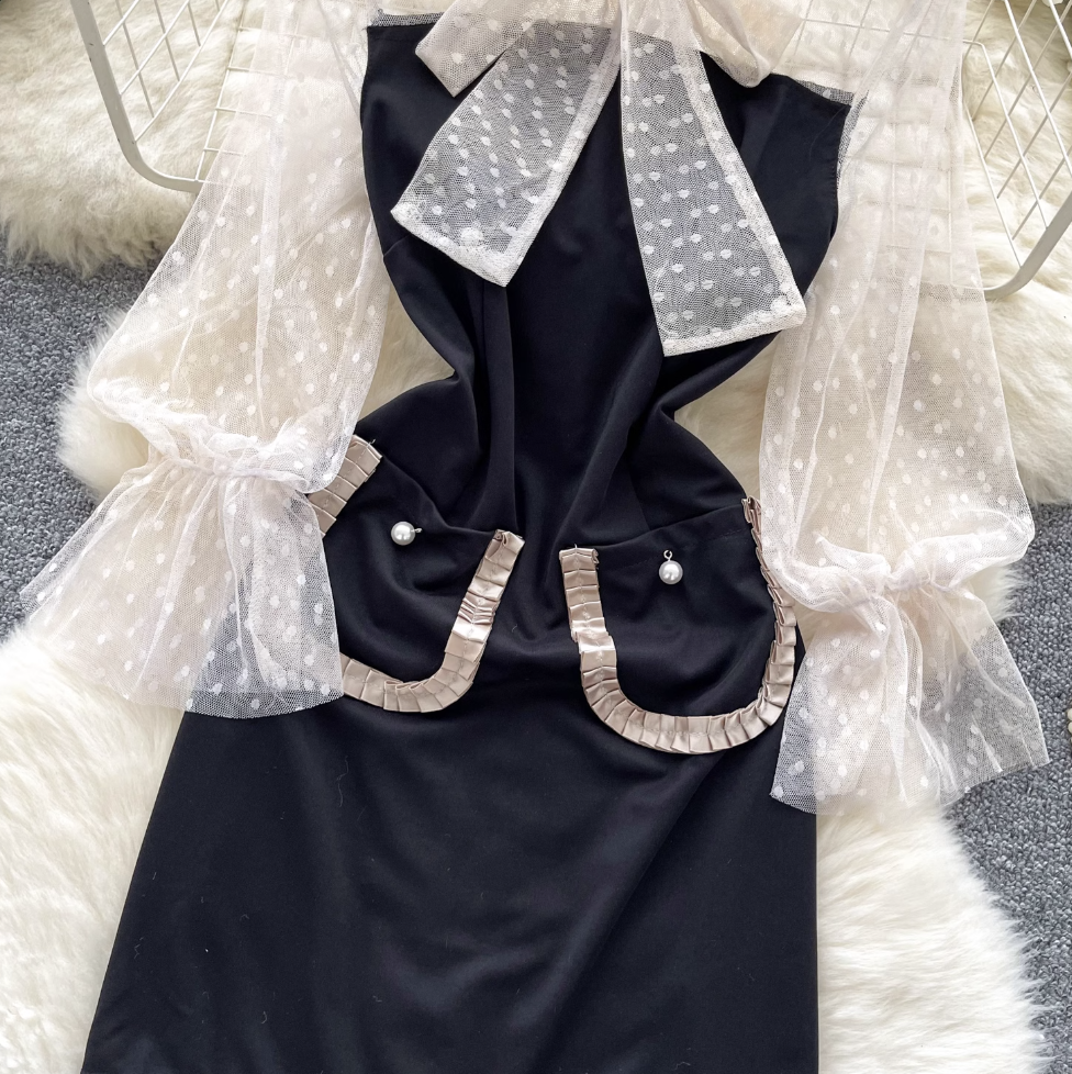 See-through Mesh Polka Dot Black Dress