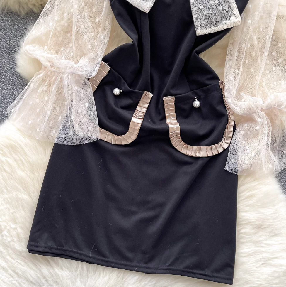 See-through Mesh Polka Dot Black Dress