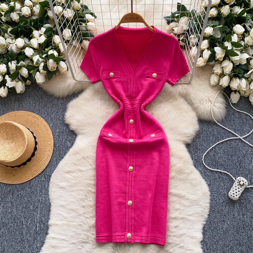 V-neck Metal Button Knitted Dress