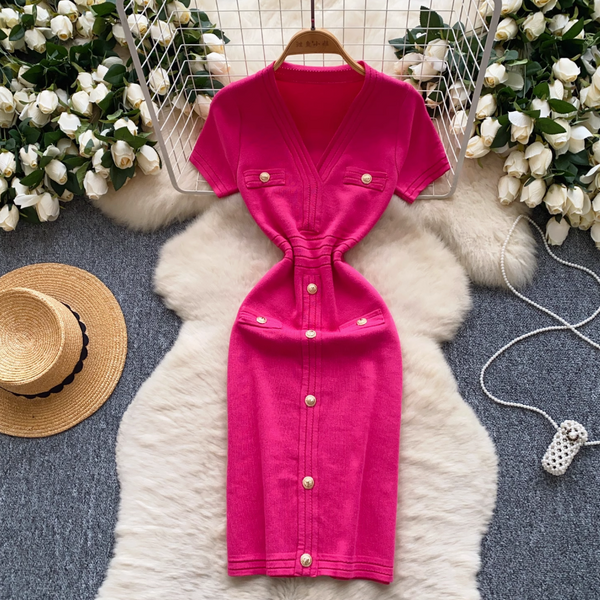 V-neck Metal Button Knitted Dress