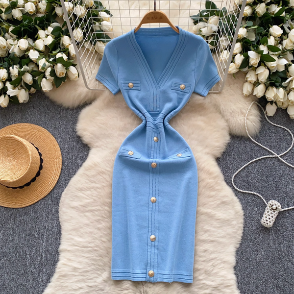V-neck Metal Button Knitted Dress