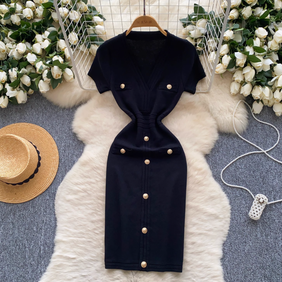 V-neck Metal Button Knitted Dress