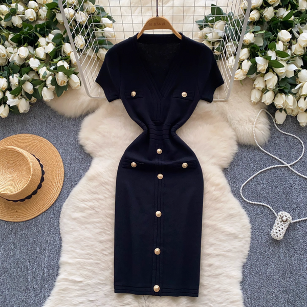 V-neck Metal Button Knitted Dress
