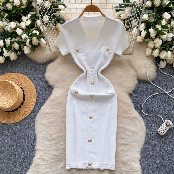 V-neck Metal Button Knitted Dress