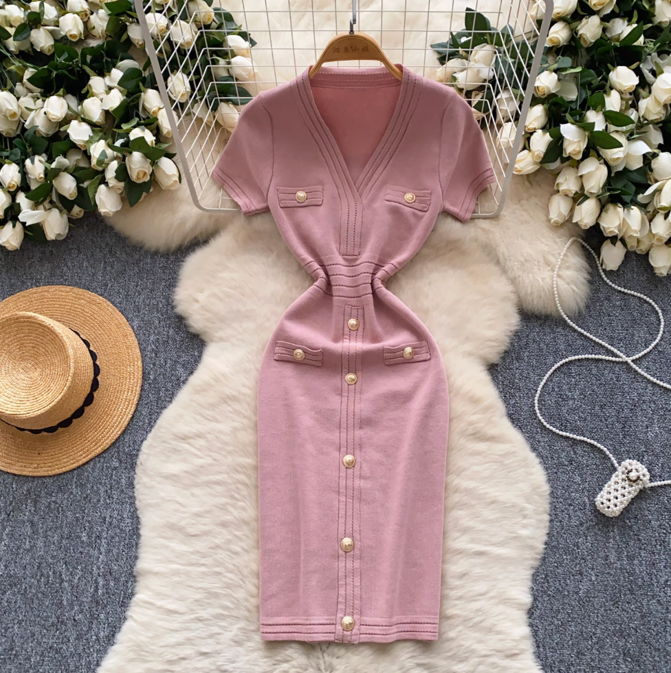 V-neck Metal Button Knitted Dress