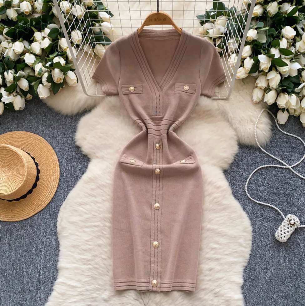 V-neck Metal Button Knitted Dress