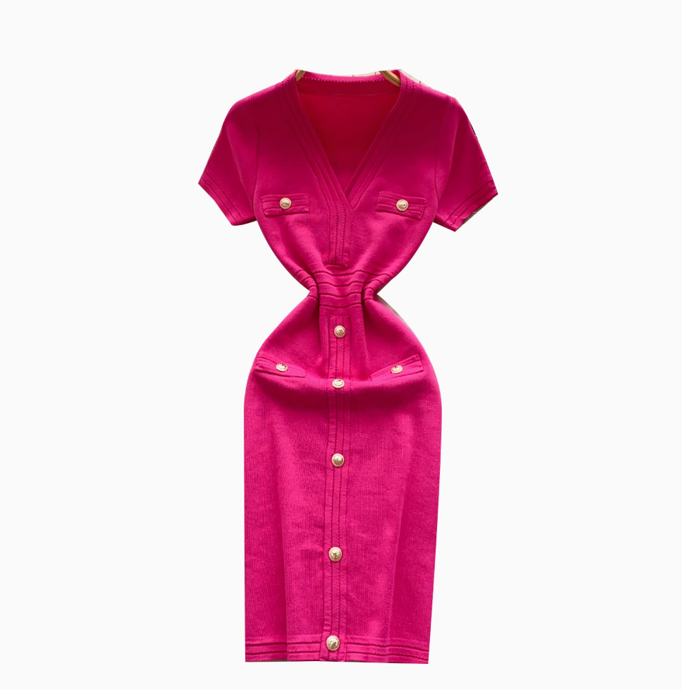 V-neck Metal Button Knitted Dress