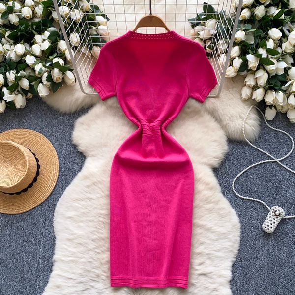 V-neck Metal Button Knitted Dress