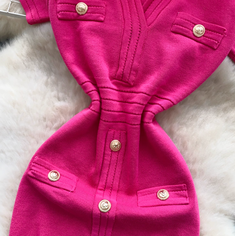 V-neck Metal Button Knitted Dress