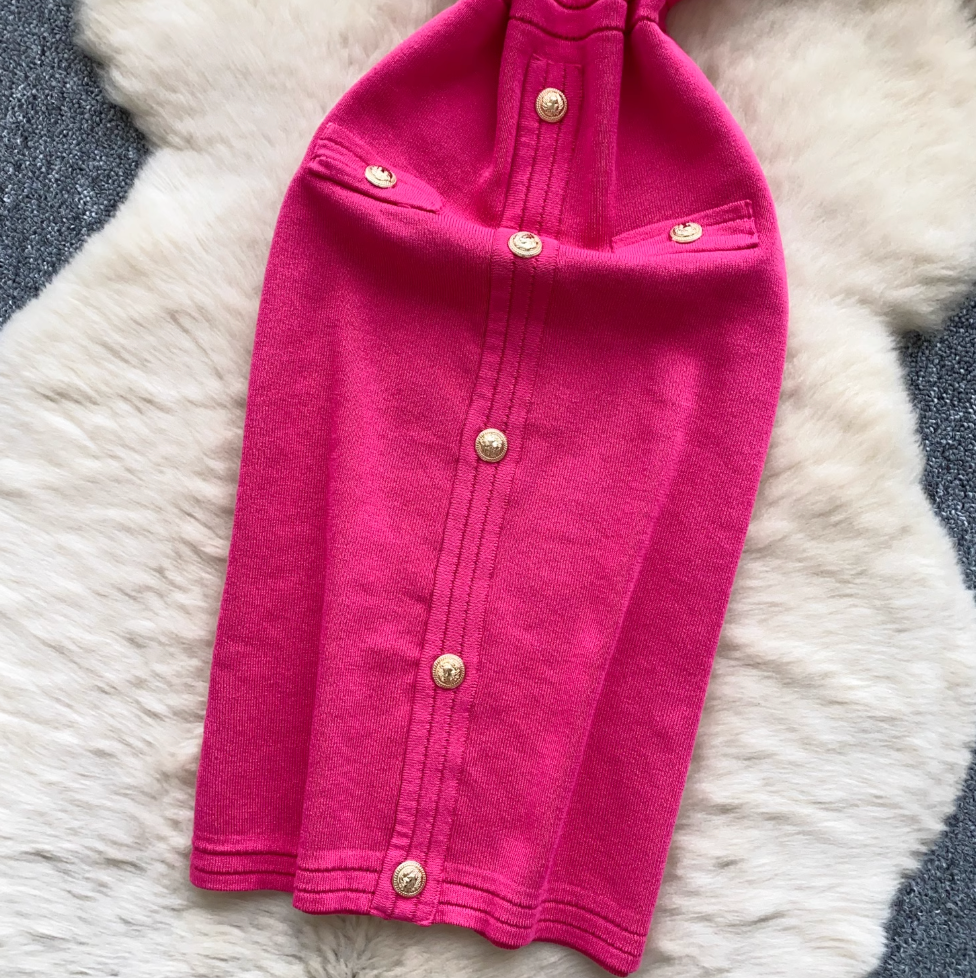 V-neck Metal Button Knitted Dress