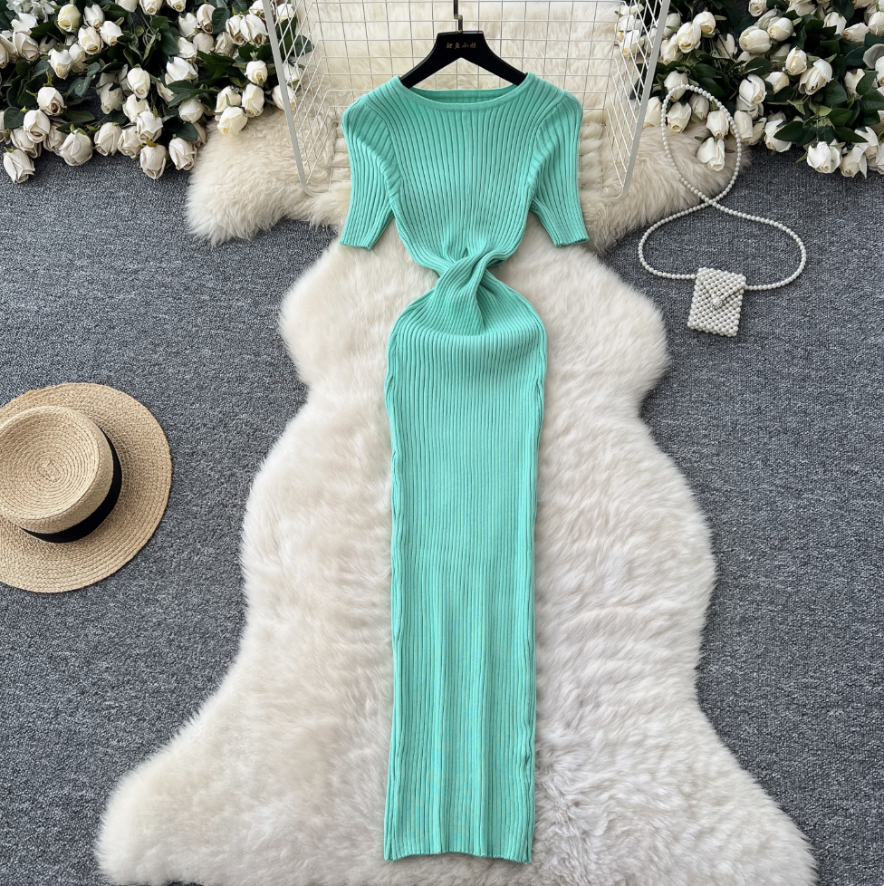 Solid Color Hollowed Waistline Knit Dress