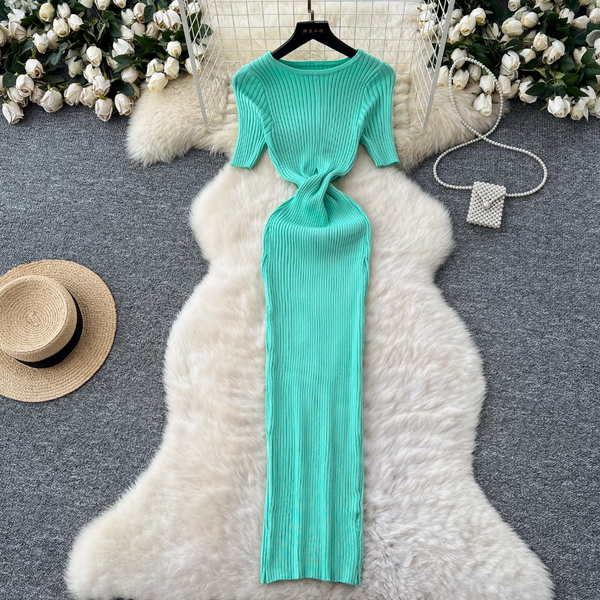 Solid Color Hollowed Waistline Knit Dress