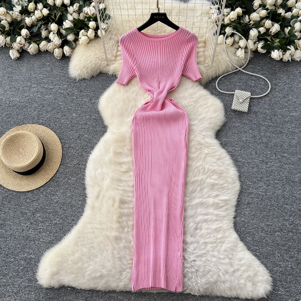 Solid Color Hollowed Waistline Knit Dress