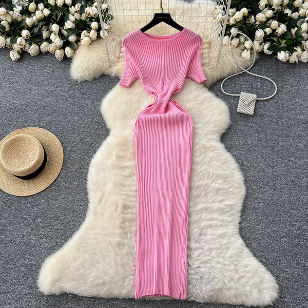 Solid Color Hollowed Waistline Knit Dress