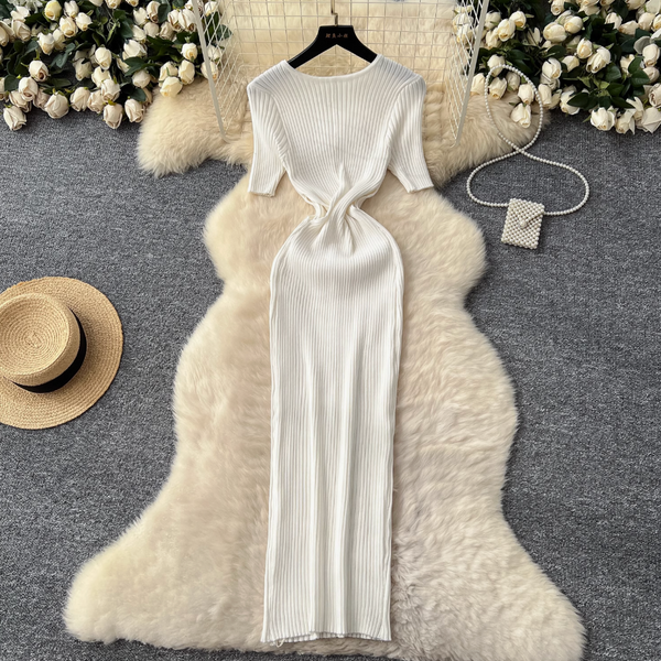 Solid Color Hollowed Waistline Knit Dress