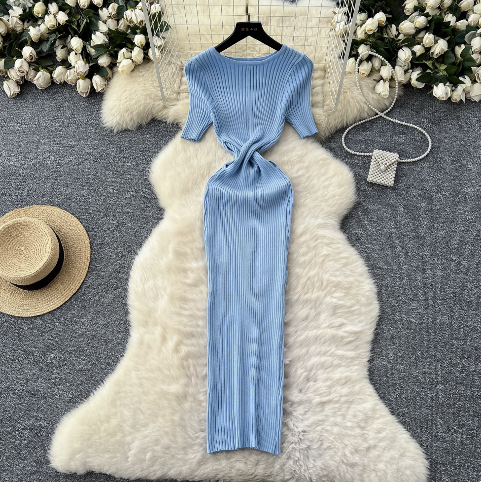 Solid Color Hollowed Waistline Knit Dress