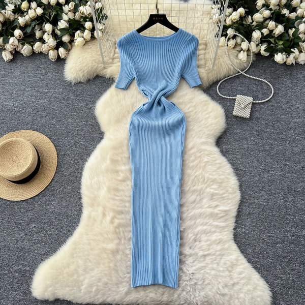 Solid Color Hollowed Waistline Knit Dress