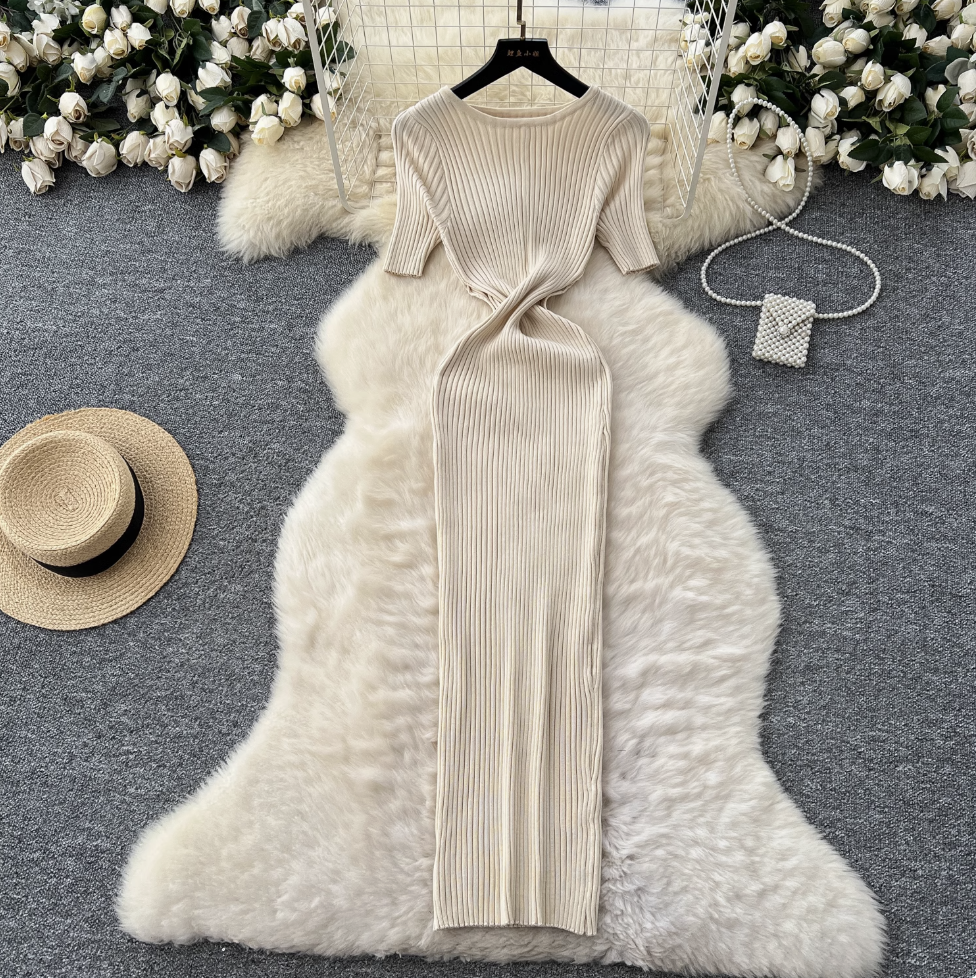 Solid Color Hollowed Waistline Knit Dress