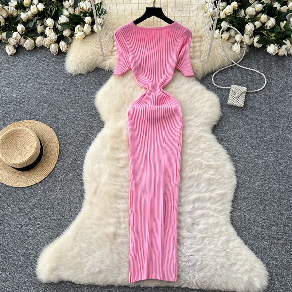 Solid Color Hollowed Waistline Knit Dress