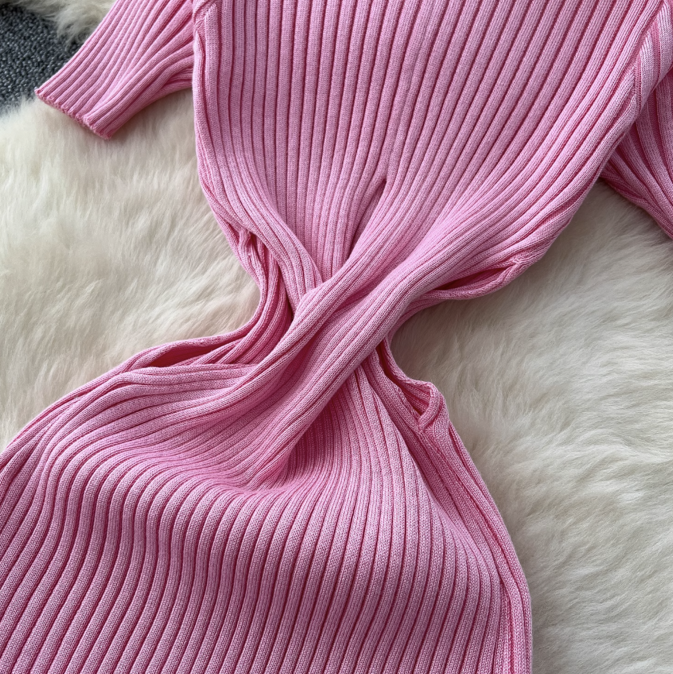 Solid Color Hollowed Waistline Knit Dress