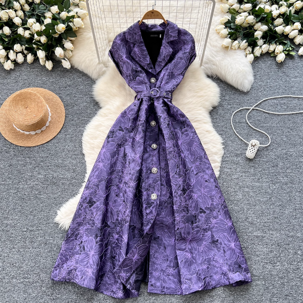 French Style Jacquard Sleeveless Shirt Dress