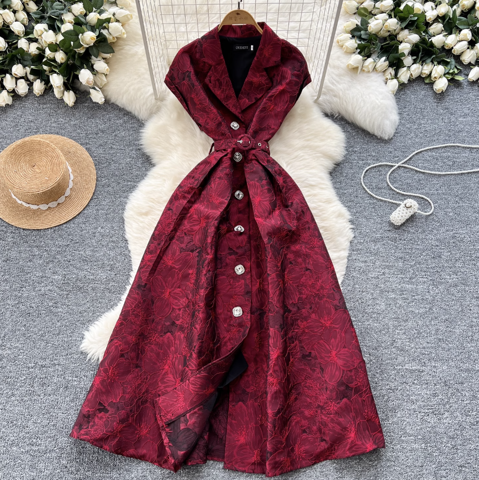 French Style Jacquard Sleeveless Shirt Dress