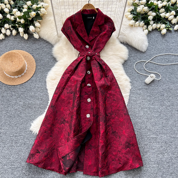 French Style Jacquard Sleeveless Shirt Dress
