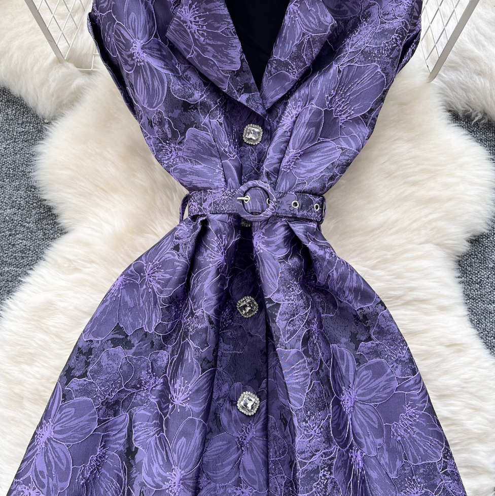 French Style Jacquard Sleeveless Shirt Dress