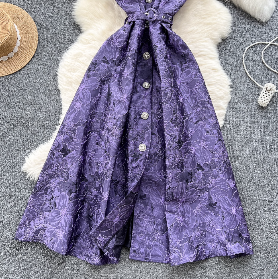 French Style Jacquard Sleeveless Shirt Dress