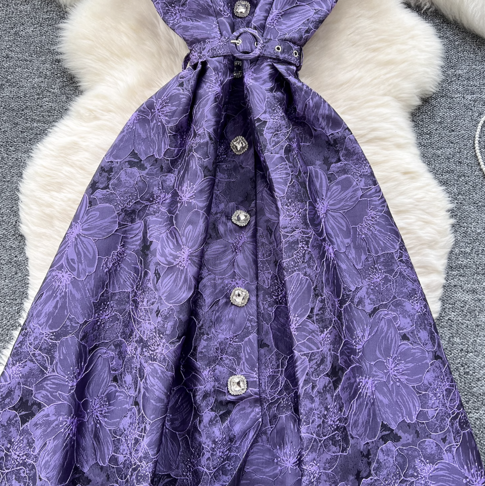 French Style Jacquard Sleeveless Shirt Dress