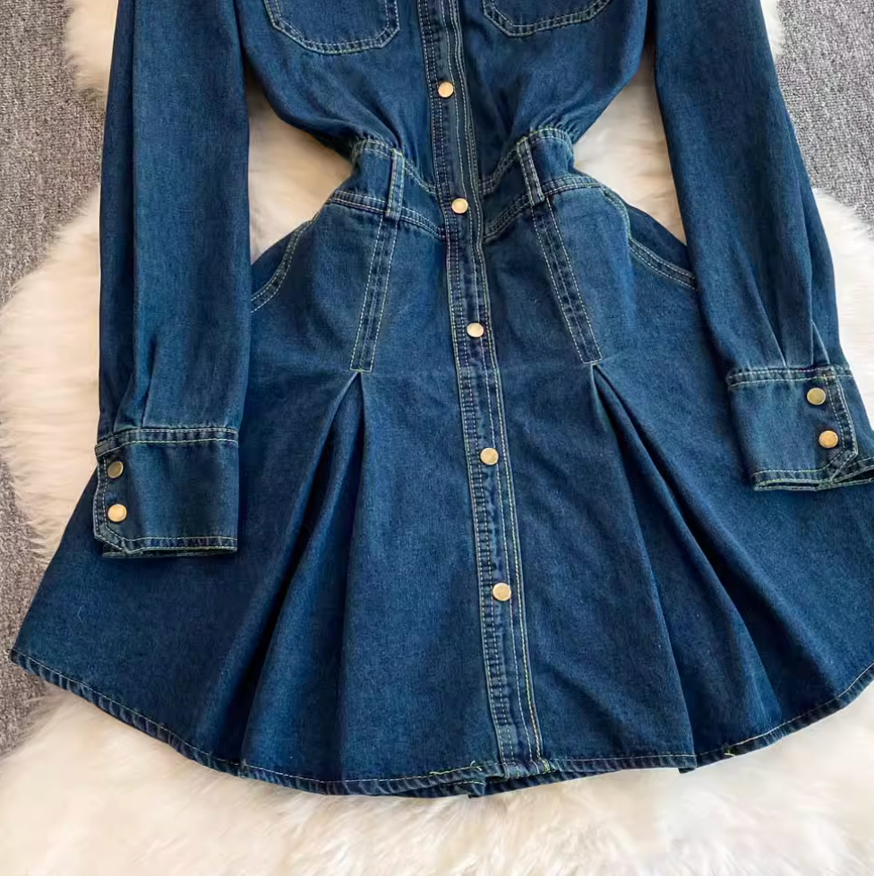 Pointed Collar Denim Pleated Dress