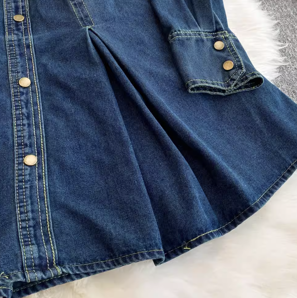 Pointed Collar Denim Pleated Dress